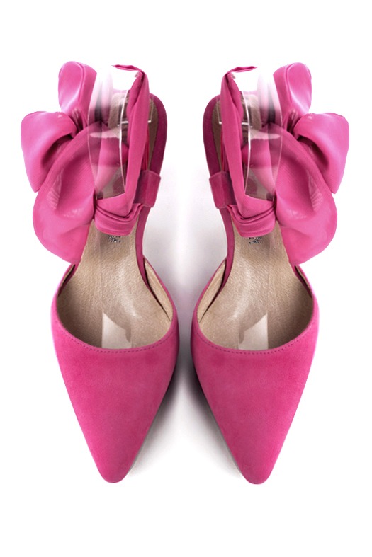 Fuschia pink women's open back shoes, with an ankle scarf. Tapered toe. Medium spool heels. Top view - Florence KOOIJMAN